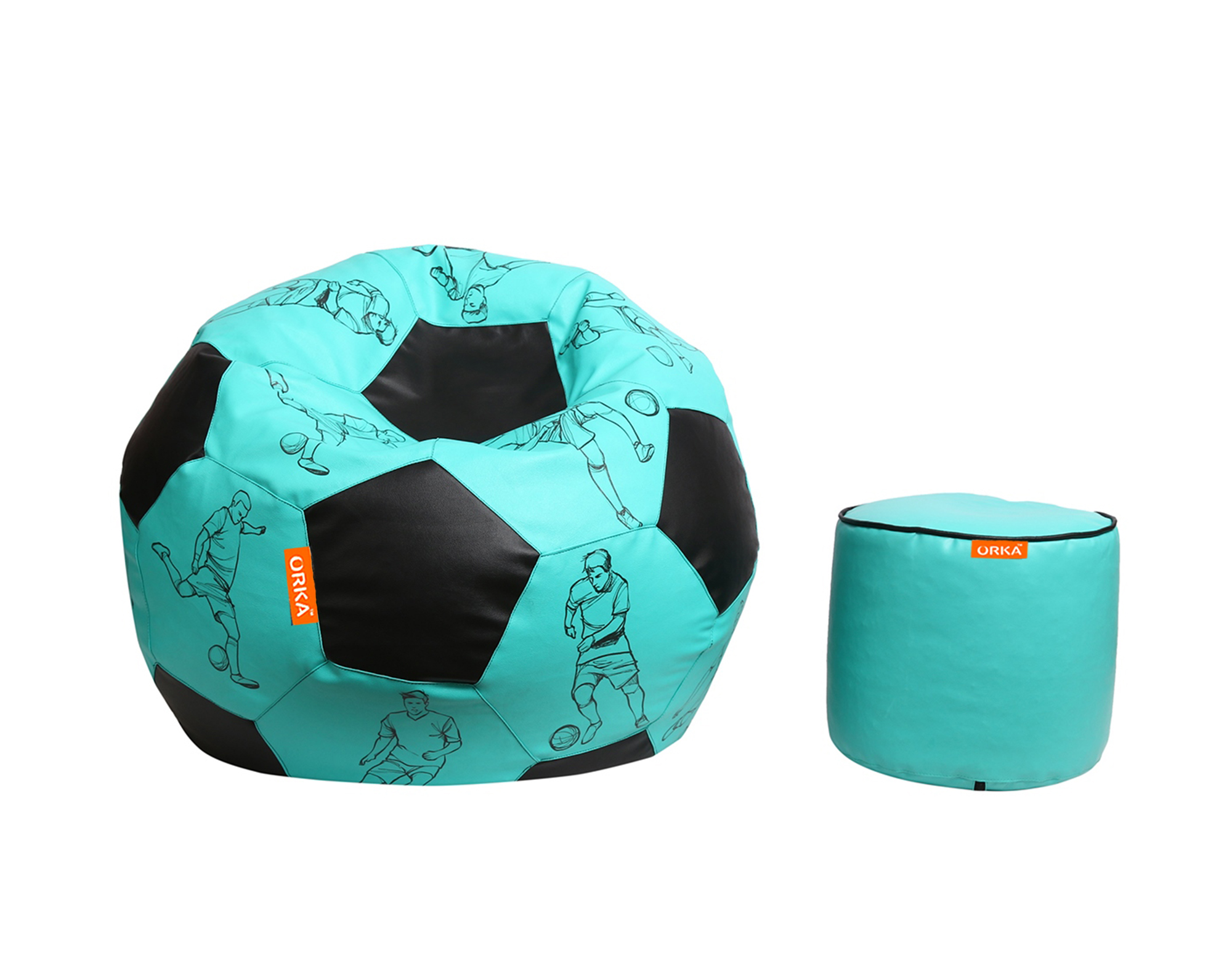 Orka Digital Printed XXXL Foorball With Mathching Footstool Filled Bean Bag With Beans (FB10 Teal,Black)